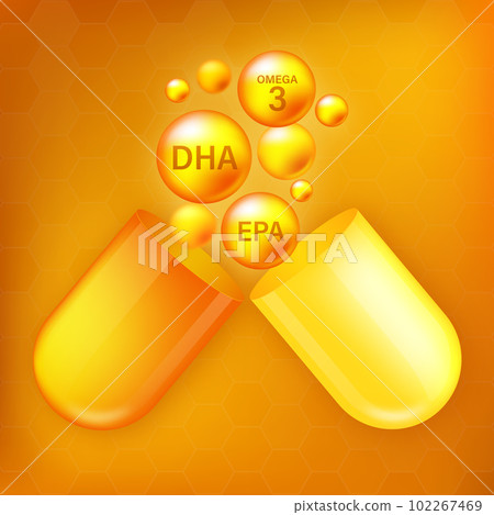 EPA, DHA Vector Drops Set. Chemical formula .Shining golden substance drop. 102267469