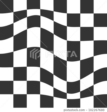Distorted chess board background. Checkered optical illusion. Psychedelic pattern with warped black and white squares. Race flag texture. Trippy checkerboard surface Distorted chess board background. Checkered optical illusion. Psychedelic pattern with warped black and white squares. Race flag texture. Trippy checkerboard surface 102267680