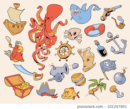 Pirate icon set. Comics style. Cartoon characters 102267801
