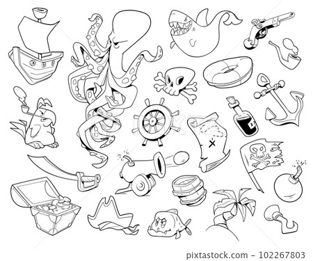 Pirate icon set. Comics style. Black and white image Pirate icon set. Comics style. Black and white image 102267803