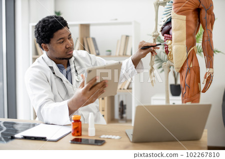 Physician with tablet pointing at small intestine of model Physician with tablet pointing at small intestine of model 102267810