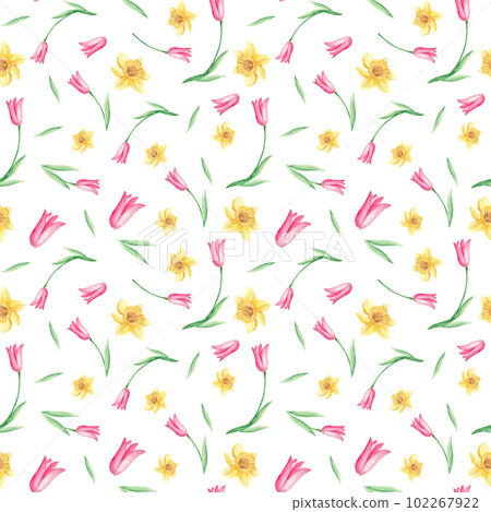 Seamless watercolor pattern with narcissus and tulips on white background. Can be used for fabric prints, gift wrapping paper, kitchen textile. Seamless watercolor pattern with narcissus and tulips on white background. Can be used for fabric prints, gift wrapping paper, kitchen textile. 102267922