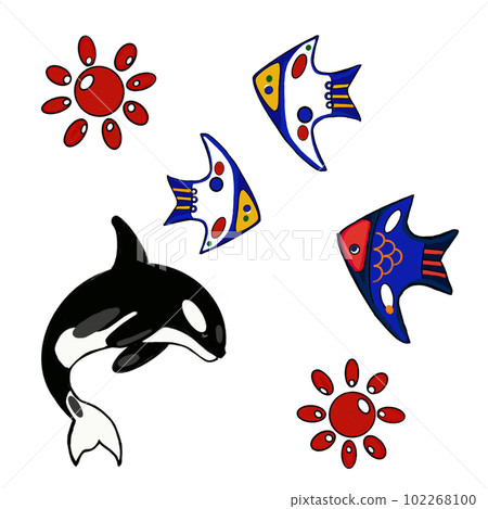 pattern sea set, whale, fish on a white background 102268100