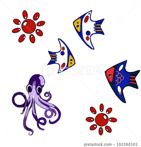 pattern sea set, fish, octopus on a white background pattern sea set, fish, octopus on a white background 102268101
