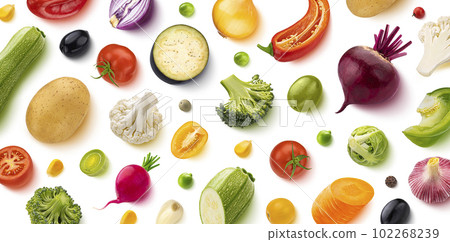 Vegetable assortment, isolated on white background, flat lay, top view. Creative layout. Healthy food pattern 102268239