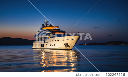 Luxury motor yacht in sea at night, expensive boat near coast, generative AI 102268616