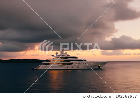 Luxury motor yacht in sea after sunset, expensive boat in ocean, generative AI. 102268618