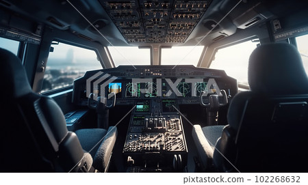 Cockpit of airplane inside view, aircraft flight deck in airport, generative AI. 102268632