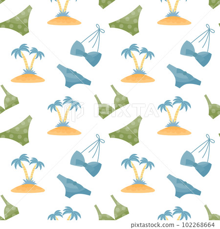 Seamless pattern, drawn women's swimwear and palm trees on a white background. Travel background, print, vector 102268664