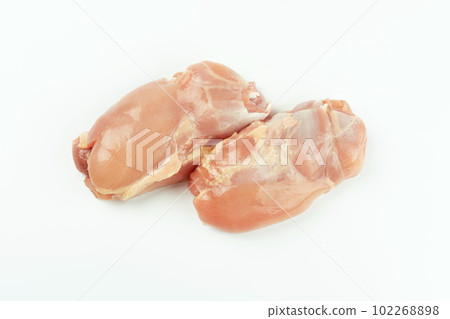 Skinless chicken meat.Top view.Raw fresh skinless chicken leg and thigh meat on a white background.Ogranic food,healthy eating.Food concept.Copy space.Food for retail. Skinless chicken meat.Top view.Raw fresh skinless chicken leg and thigh meat on a white background.Ogranic food,healthy eating.Food concept.Copy space.Food for retail. 102268898