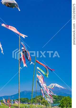 鯉魚旗在蔚藍的天空中游弋，背景是富士山 102269875