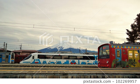 Fuji Electric Railway (Fujikyuko Line) Kawaguchiko Station at dusk Fujikyuko 6000 series and Fujisan Limited Express 102269957