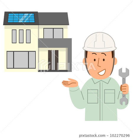 有太陽電池板和工人人的一個簡單的房子1 102270296