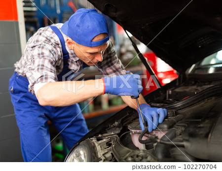 Car mechanic looking at open car hood for internal checking 102270704