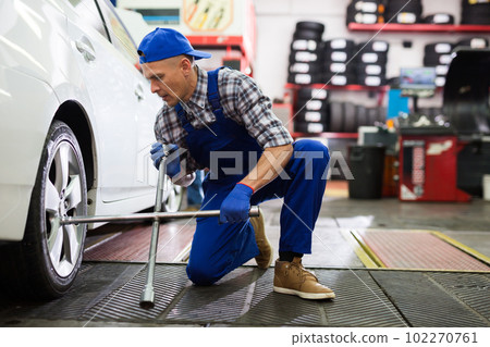 Qualified mechanic changes tires on car in car service Qualified mechanic changes tires on car in car service 102270761