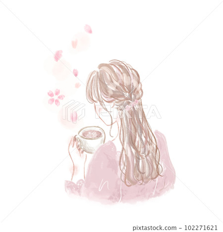 女人喝咖啡/咖啡館/櫻花拿鐵/粉色/柔和背景/後視圖 102271621