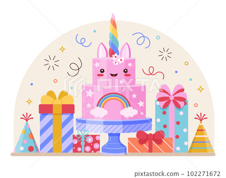 Happy Birthday Festive Scene with Cute Cake Happy Birthday Festive Scene with Cute Cake 102271672