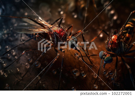 Close-up view of an Aedes mosquitos sucking blood. Insect. Illustration, Generative AI. Close-up view of an Aedes mosquitos sucking blood. Insect. Illustration, Generative AI. 102272001