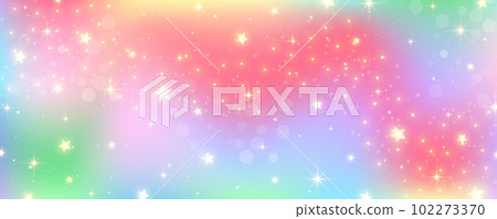 Rainbow pastel background with stars. Unicorn glitter galaxy. Abstract fantasy space. Holographic iridescent design with sparkles. Vector cosmic bg. 102273370