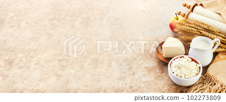 Kosher dairy product for celebration Jewish Holiday Shavuot. Shavuot background. Kosher dairy product for celebration Jewish Holiday Shavuot. Shavuot background. 102273809