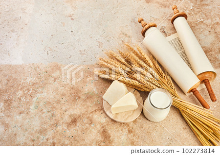 Kosher dairy product for celebration Jewish Holiday Shavuot. Shavuot background. 102273814