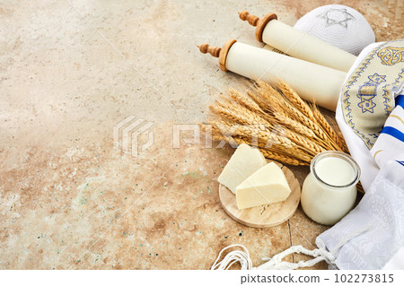 Kosher dairy product for celebration Jewish Holiday Shavuot. Shavuot background. 102273815