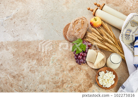 Kosher dairy product for celebration Jewish Holiday Shavuot. Shavuot background. 102273816