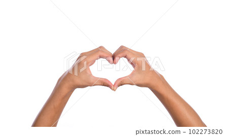 Man hands making a heart shape on a white isolated background 102273820