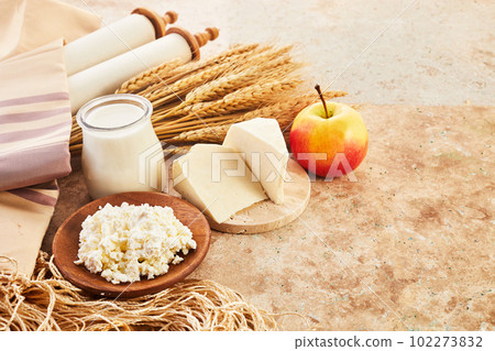 Kosher dairy product for celebration Jewish Holiday Shavuot. Shavuot background. 102273832