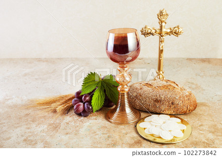 Communion Still life with chalice of wine and bread 102273842