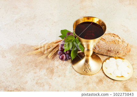Communion Still life with chalice of wine and bread 102273843