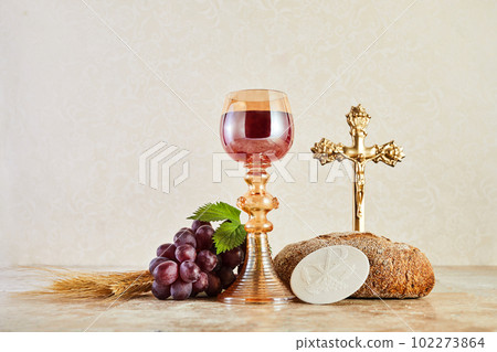 Communion Still life with chalice of wine and bread 102273864