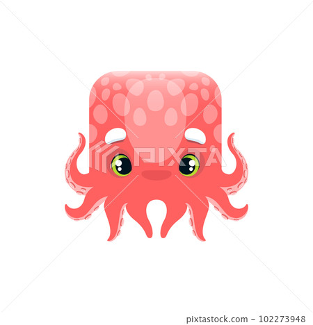 Cartoon octopus kawaii square animal face. Underwater baby kraken creature, isolated vector character portrait with eyes and tentacles. Aquarium or sea habitat app button, icon, graphic design element 102273948