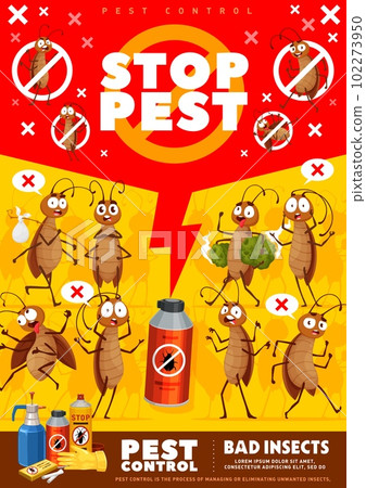 Pest control poster or flyer. Cartoon cockroach characters. Pest control service vertical banner or poster. Insecticide spray promo vector flyer with funny cockroach, frightened, scared bug personage 102273950