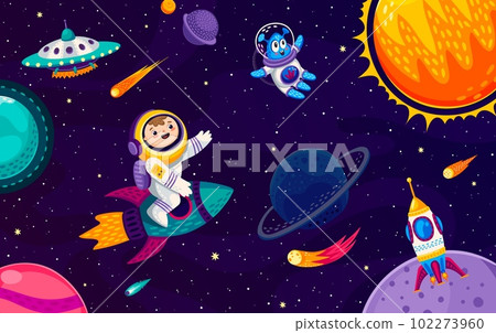 Kid astronaut and alien characters on space galaxy. Cartoon vector child cosmonaut riding rocket in outer Universe with planets, shining stars, spaceships and ufo saucers. Interstellar journey or trip 102273960