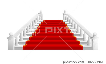 Castle and palace staircase. Marble stair with red carpet. Isolated vector white classic royal ladder with balustrade leading visitors to regal chamber. Vintage architecture element, theatre entrance 102273961