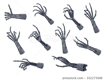 Robot hands or arms. Future artificial technology, cyborg mechanical hand with metallic fingers grip and release with precision and strength. Isolated vector automated bionic limb set showing gestures 102273986