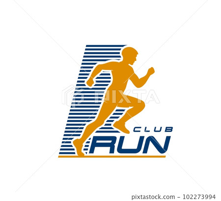 Marathon run sport icon, running club symbol. Fitness championship, marathon running competition, sport club or gym vector icon or sign with jogging, sprinting man athlete silhouette 102273994