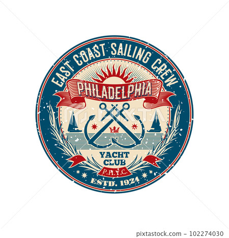Yacht club retro patch, sailing regatta old badge. Marine adventure round symbol, ocean travel vector stamp or sailing sport patch. Yachting race crew retro emblem with crossed anchors, sea horizon Yacht club retro patch, sailing regatta old badge. Marine adventure round symbol, ocean travel vector stamp or sailing sport patch. Yachting race crew retro emblem with crossed anchors, sea horizon 102274030