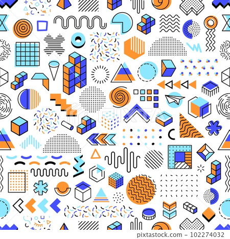 Memphis geometric, simple shapes seamless pattern. Minimalistic geometric shapes fabric print, funky doodles wallpaper or colorful Memphis design elements textile or wrapping paper vector background Memphis geometric, simple shapes seamless pattern. Minimalistic geometric shapes fabric print, funky doodles wallpaper or colorful Memphis design elements textile or wrapping paper vector background 102274032