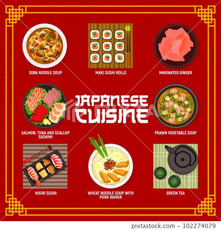 Japanese cuisine restaurant menu page. Soba soup, maki sushi and marinated ginger, noodle soup with pork ramen, salmon, tuna and scallop sashimi, prawn vegetable soup and nigiri sushi, green tea Japanese cuisine restaurant menu page. Soba soup, maki sushi and marinated ginger, noodle soup with pork ramen, salmon, tuna and scallop sashimi, prawn vegetable soup and nigiri sushi, green tea 102274079