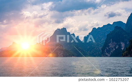 Incredible sunset. Scenic sea landscape. Seascape Scenery Krabi Province, Thailand sea and island. Adventures and exotic travel concept 102275207