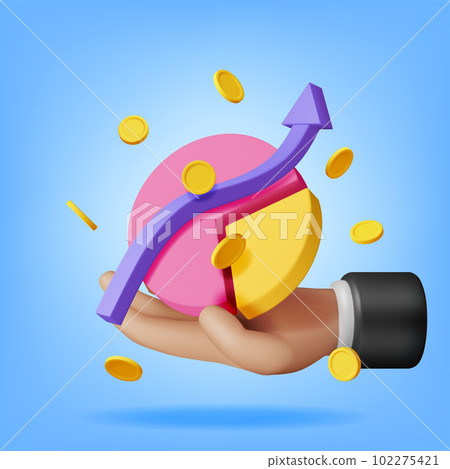 3D Pie Diagram with Golden Coins in Hand 102275421