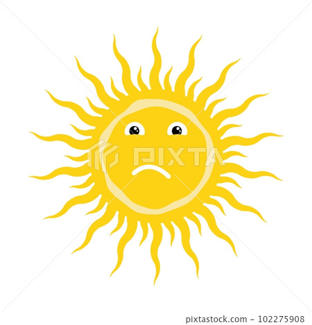 Stylized yellow summer sun funny character with dissatisfied face. Sun icon with different shapes of rays. Simple Vector isolated on white background Stylized yellow summer sun funny character with dissatisfied face. Sun icon with different shapes of rays. Simple Vector isolated on white background 102275908