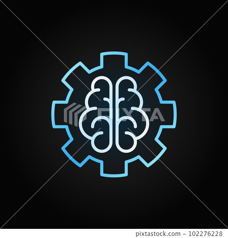 AI brain in gear blue outline icon on dark background 102276228