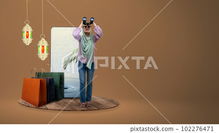 Asian Muslim woman in a headscarf looking through binoculars Asian Muslim woman in a headscarf looking through binoculars 102276471