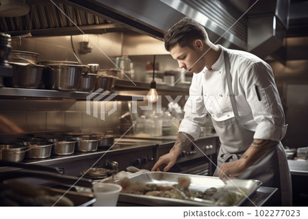 Young chef standing in restaurant kitchen Young chef standing in restaurant kitchen 102277023