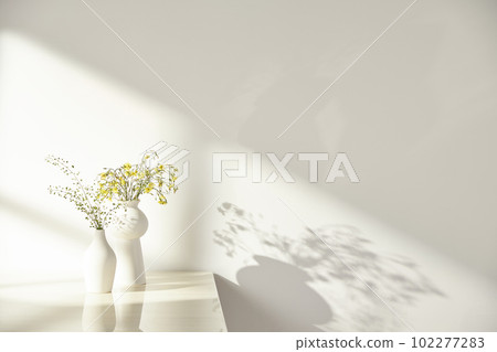 Vases and objects on the table in a warm room with sunlight coming in Vases and objects on the table in a warm room with sunlight coming in 102277283