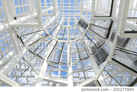 White steel stairway to the top of the tower under construction 102277884