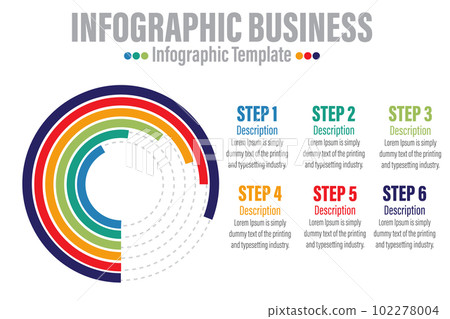 Ring Chart Infographic 6 Steps Modern Timeline diagram with progress circle, presentation vector infographic with circle. Infographic template for business. 102278004